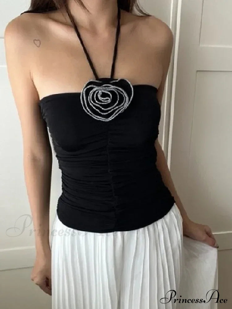 Flower Patchwork Halter Tubes Off Shoulder Backless Tank 2024 Sexy Women Ruched Black Mini Vests Top