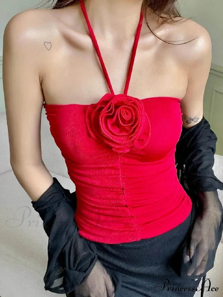 Flower Patchwork Halter Tubes Off Shoulder Backless Tank 2024 Sexy Women Ruched Black Mini Vests Top