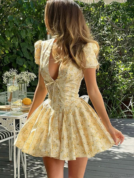 Flower Print Deep V-Neck Mini Dress minidress-250223