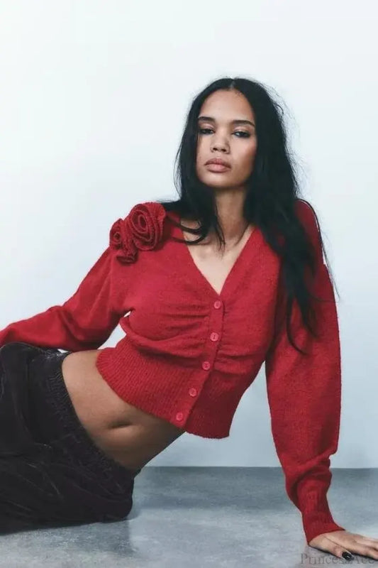 Flower V-neck Casual Cardigan Red / S