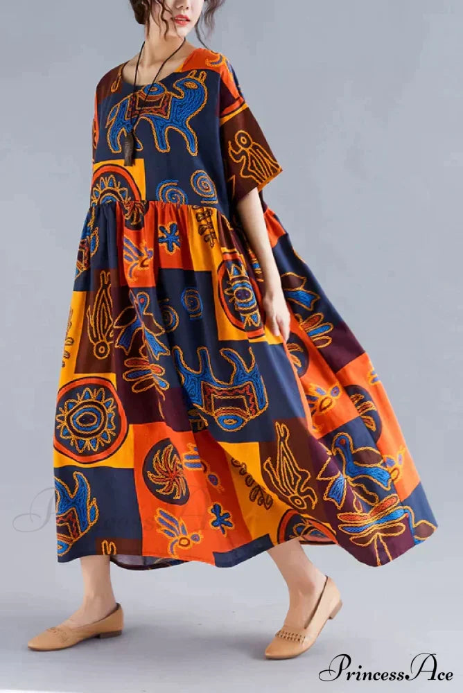 Flowered Gown Full-Length Cotton Bohemian In Fabric Loose Print Causal Dress