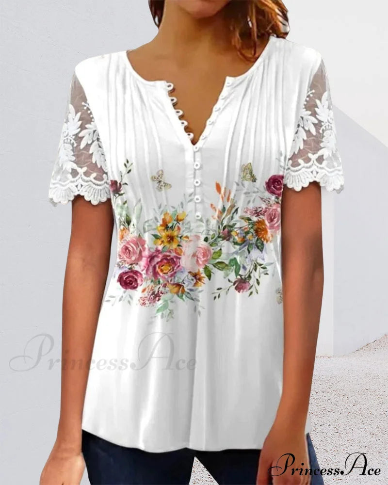 Flowered Lace T-Shirt With Brief Sleeves T-Shirts