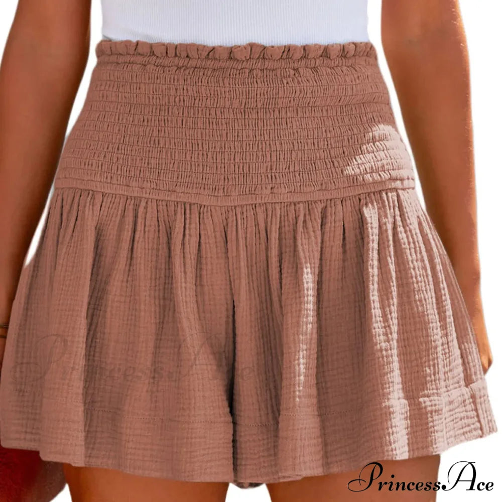 Flowy Casual Cotton Elastic Waisted Pleated Ruffle Cute Short Khaki / S