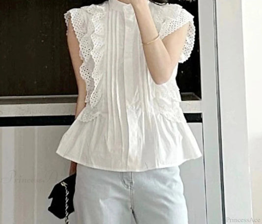 Flying Sleeve Ruffled Lace Button Vintage Blouse blouse-250126