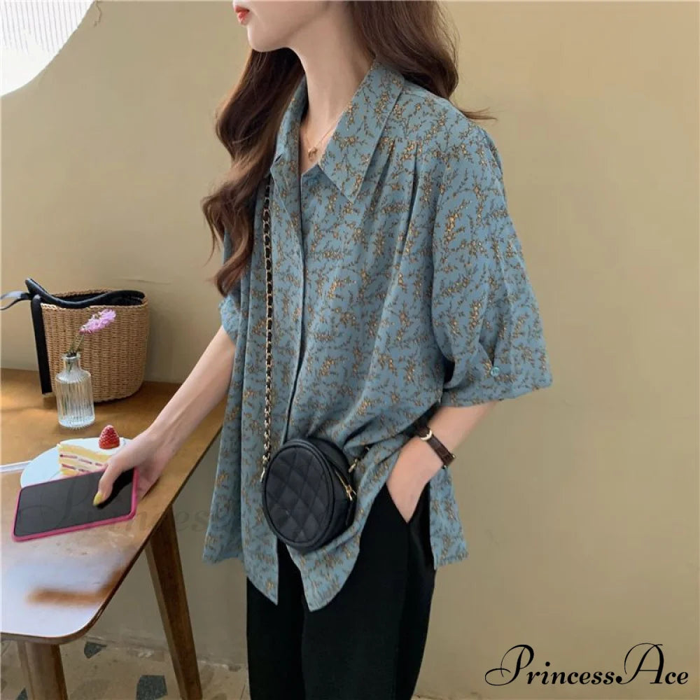 For Sleeves And Chiffon Down Vintage Blouse Flowered Neckline Brief Design Turn With - Women