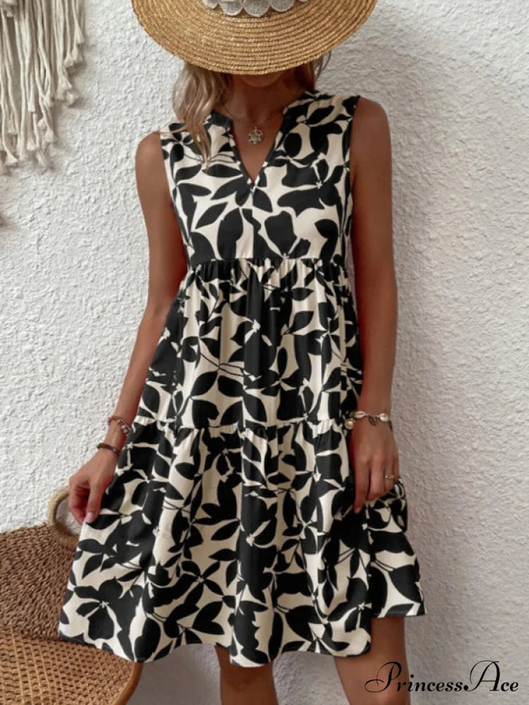 For Tiered Design Sleeveless Minidress Flowered Ruffle Women Black / S