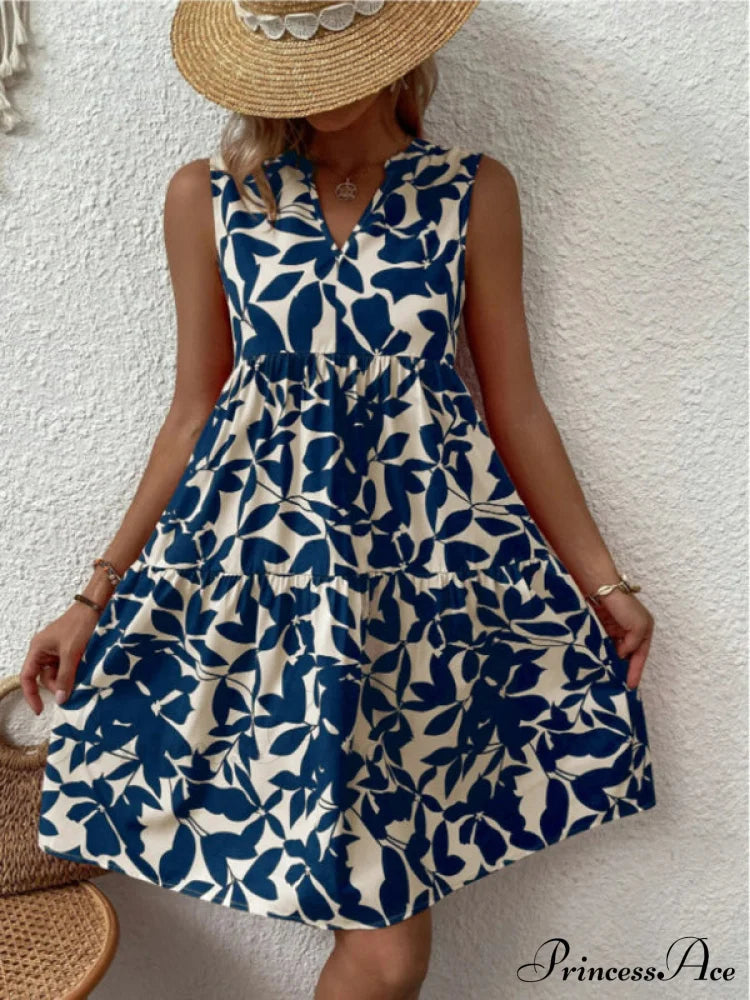 For Tiered Design Sleeveless Minidress Flowered Ruffle Women Blue / S