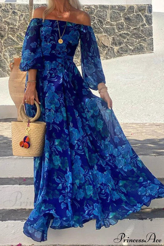 Foral Off Shoulder Back Graceful Smocked Vacation Maxi Dress Blue / S Dresses