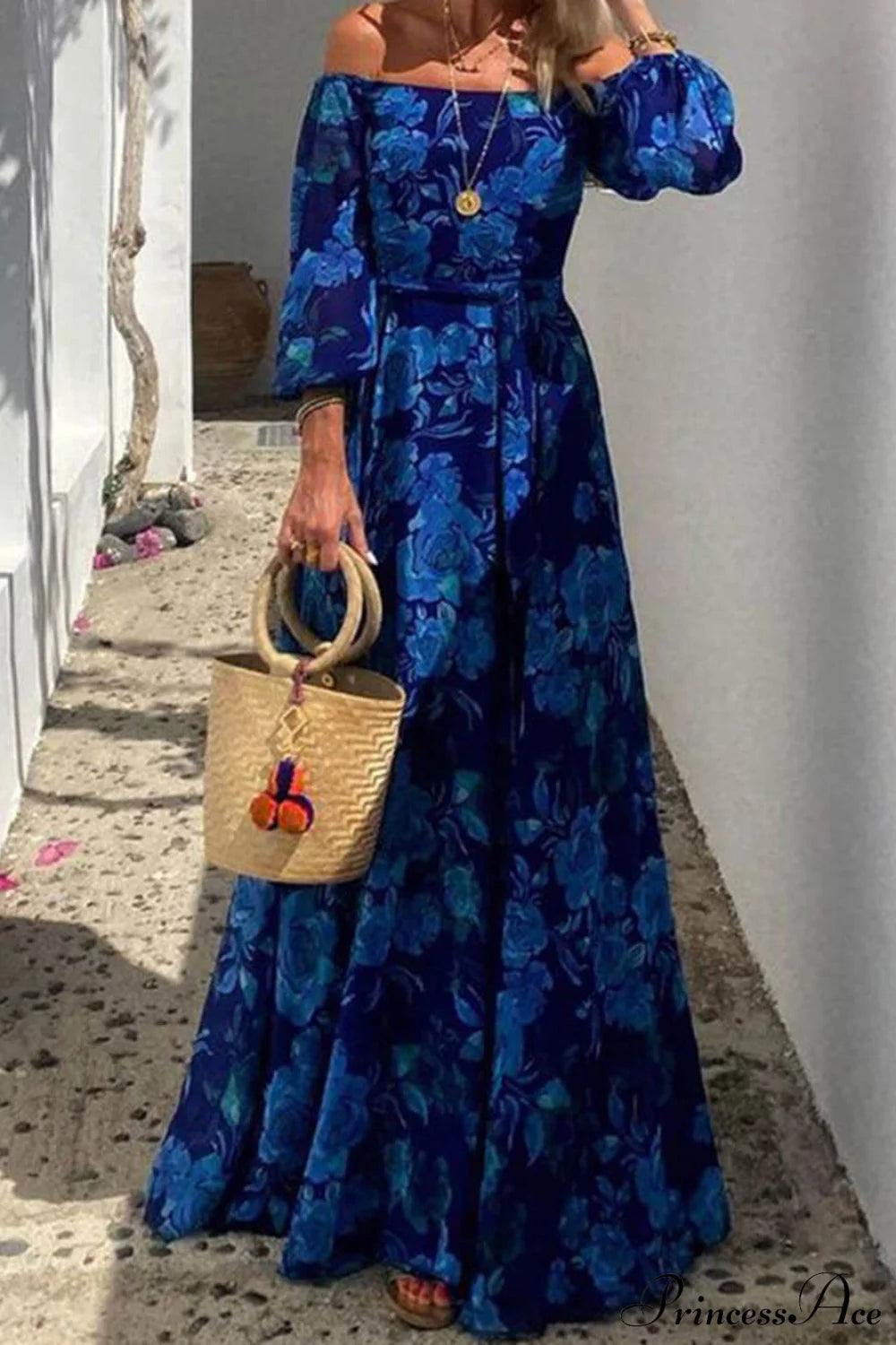 Foral Off Shoulder Back Graceful Smocked Vacation Maxi Dress Dresses