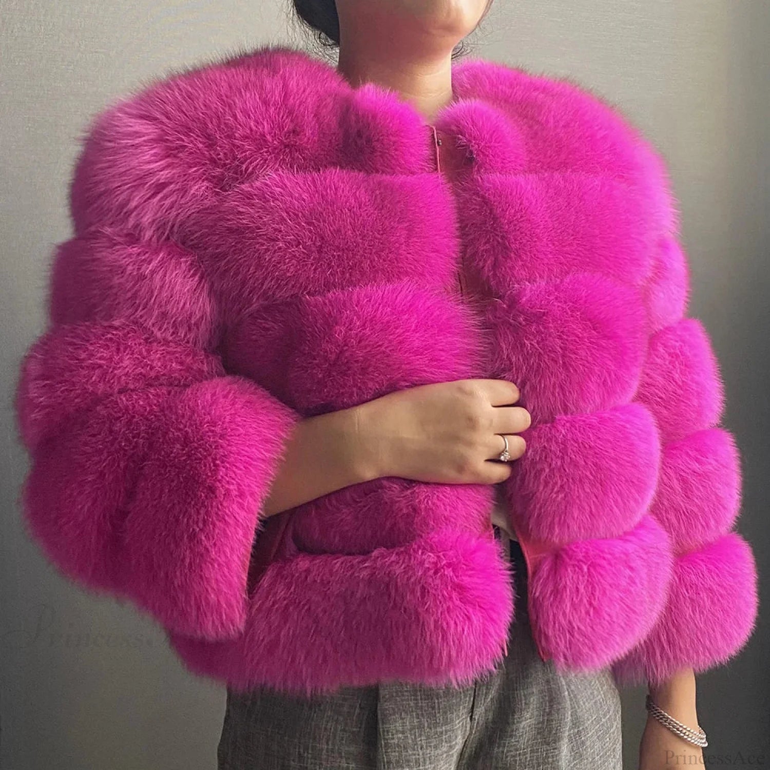 Fox Fur Winter Cold Weather Coat Rose red / S