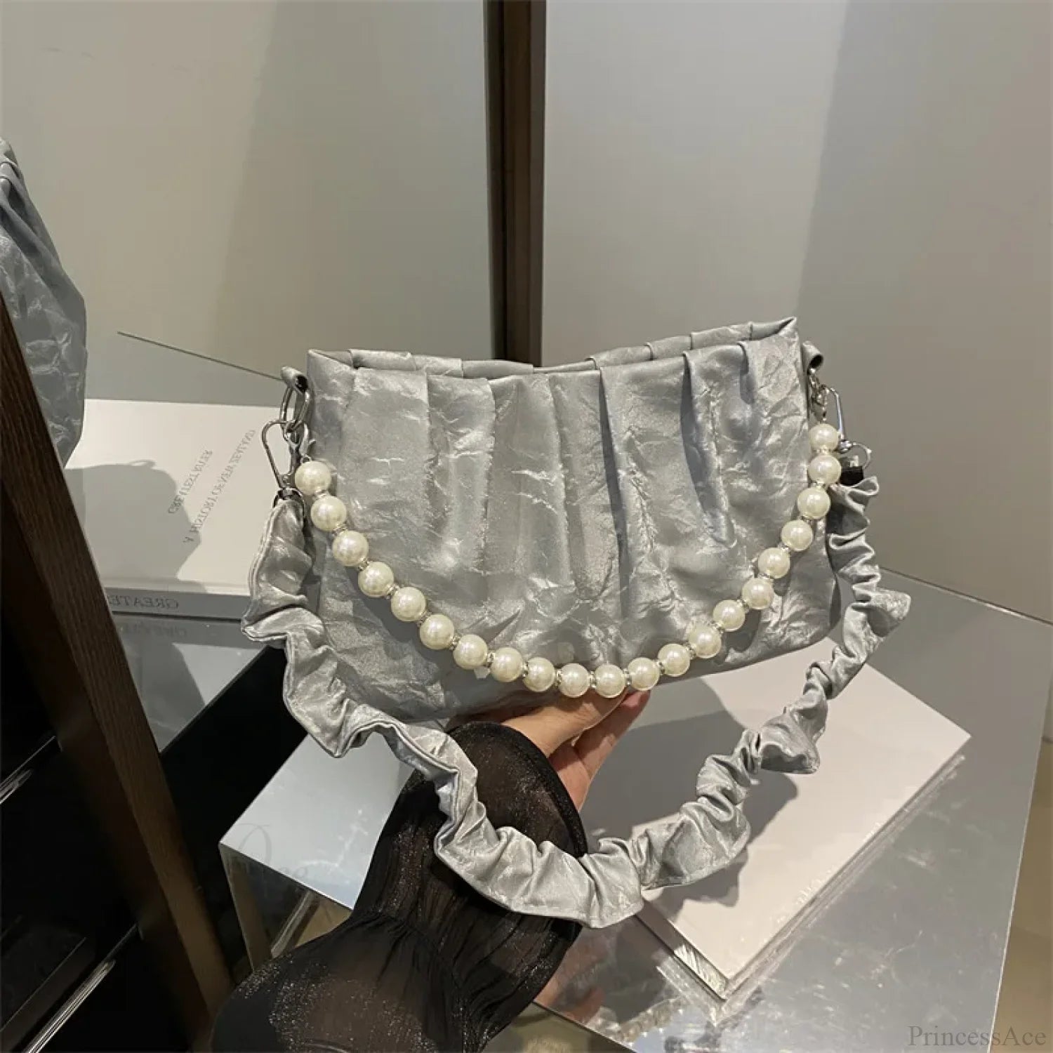 French Beaded Chain Pleated Underarm Crossbody Handbag handbag-250126