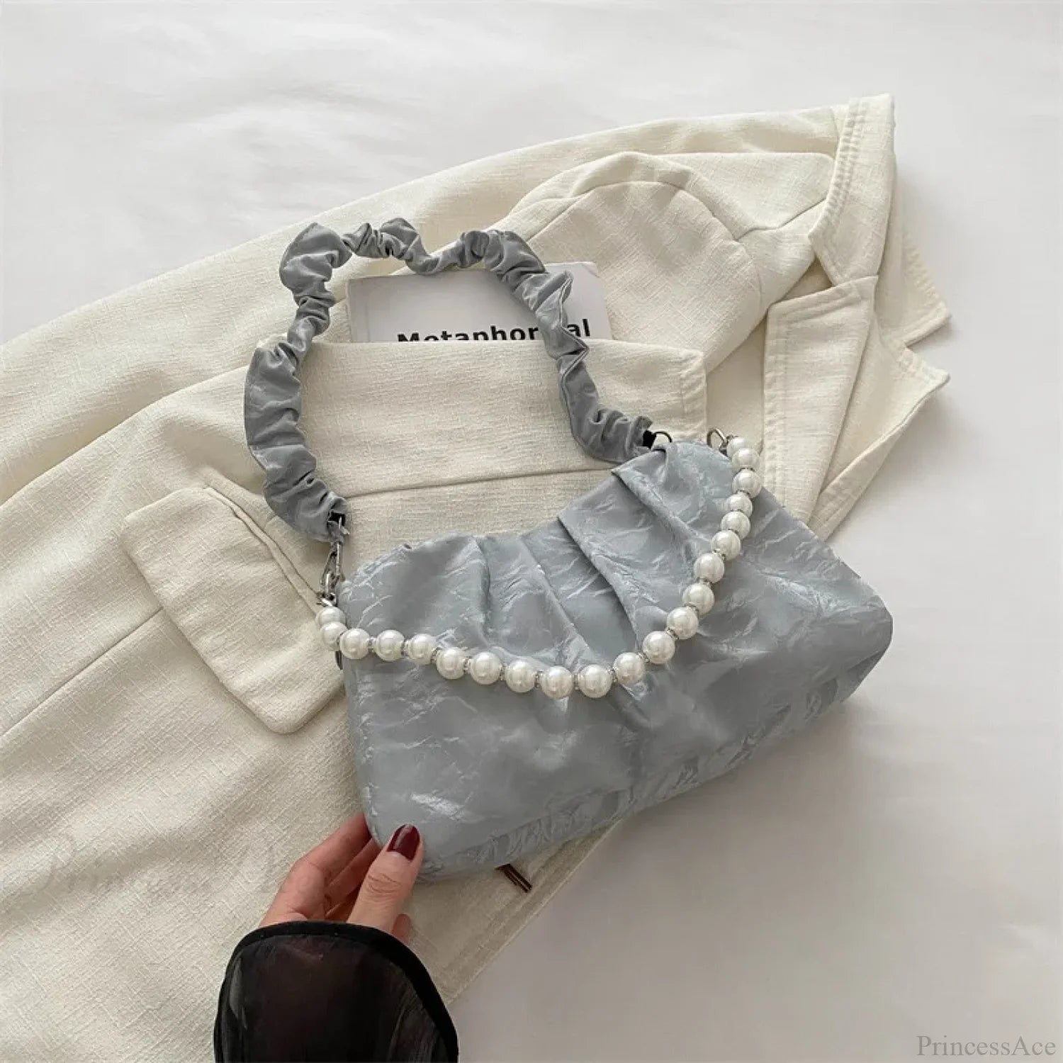 French Beaded Chain Pleated Underarm Crossbody Handbag silver handbag-250126