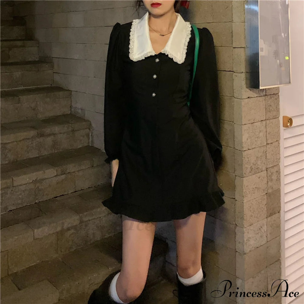 French Lace Peter Pan Modern Collar Ruffle Short Dress Black / S