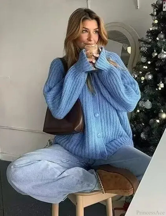 French Niche Solid Lazy Style Loose Cardigan SKY BLUE / S