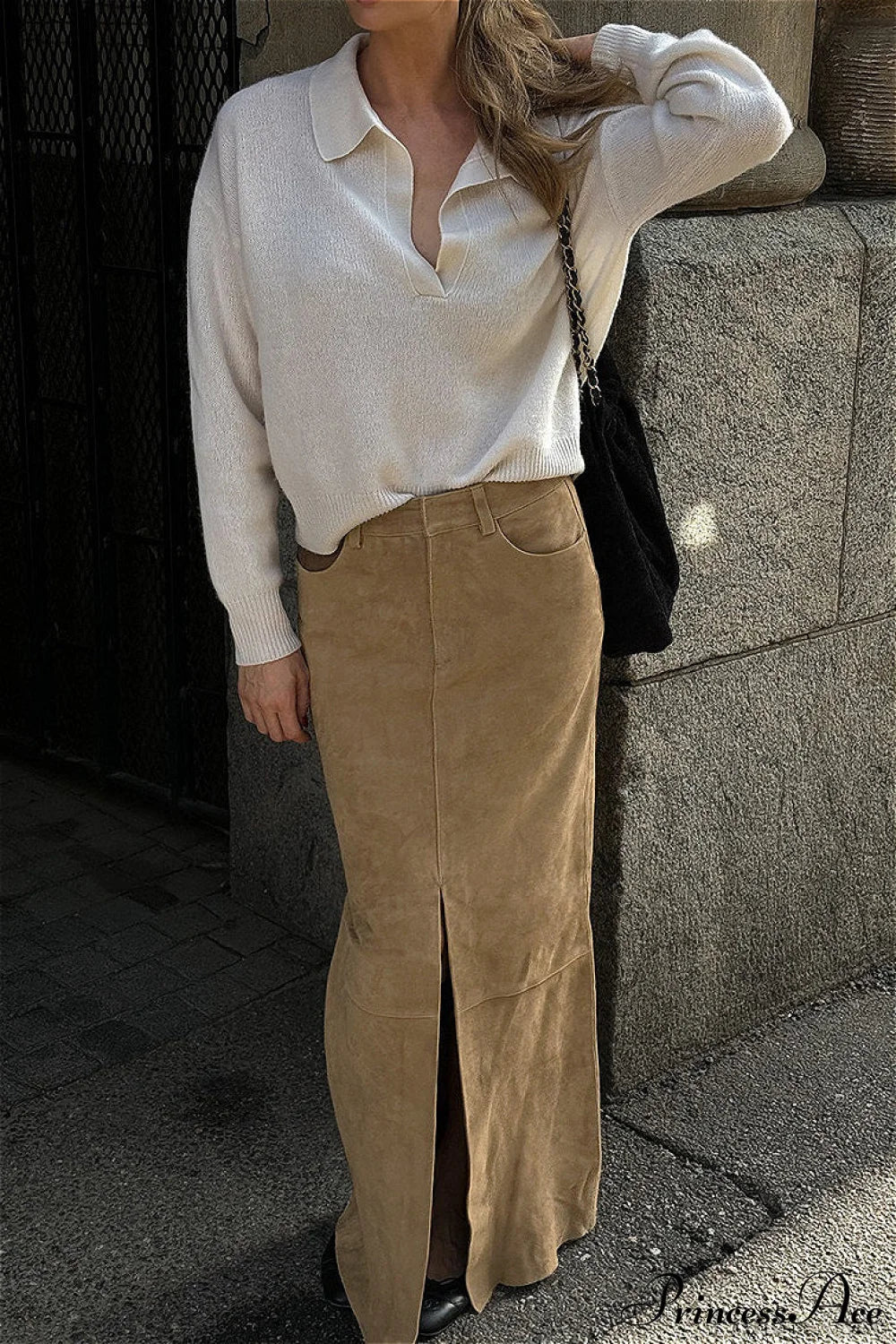 French Retro Suede High Waist Split Maxi Skirt