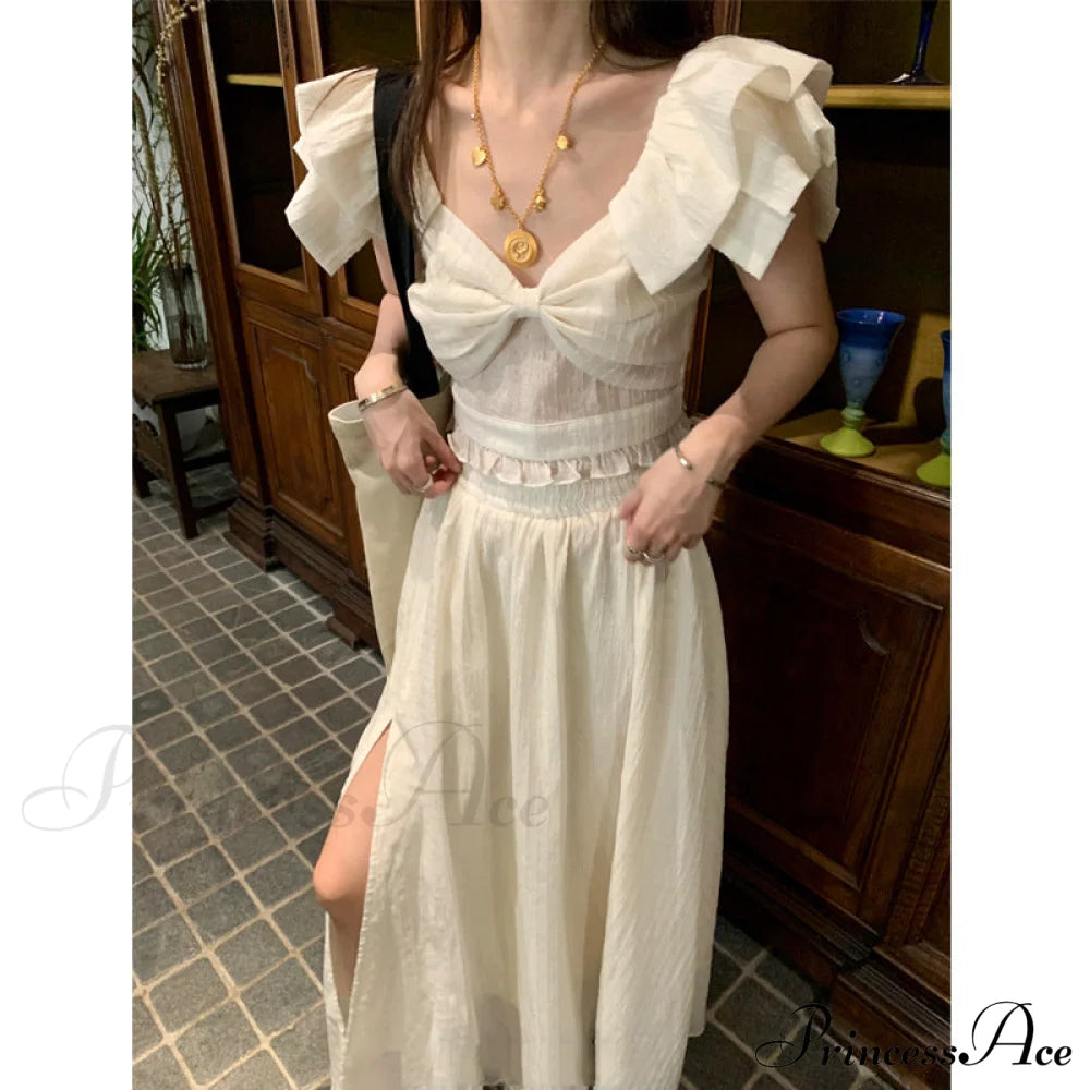 French Retro Twopiece Dress With Bow L / White White Slit Maxi Dress