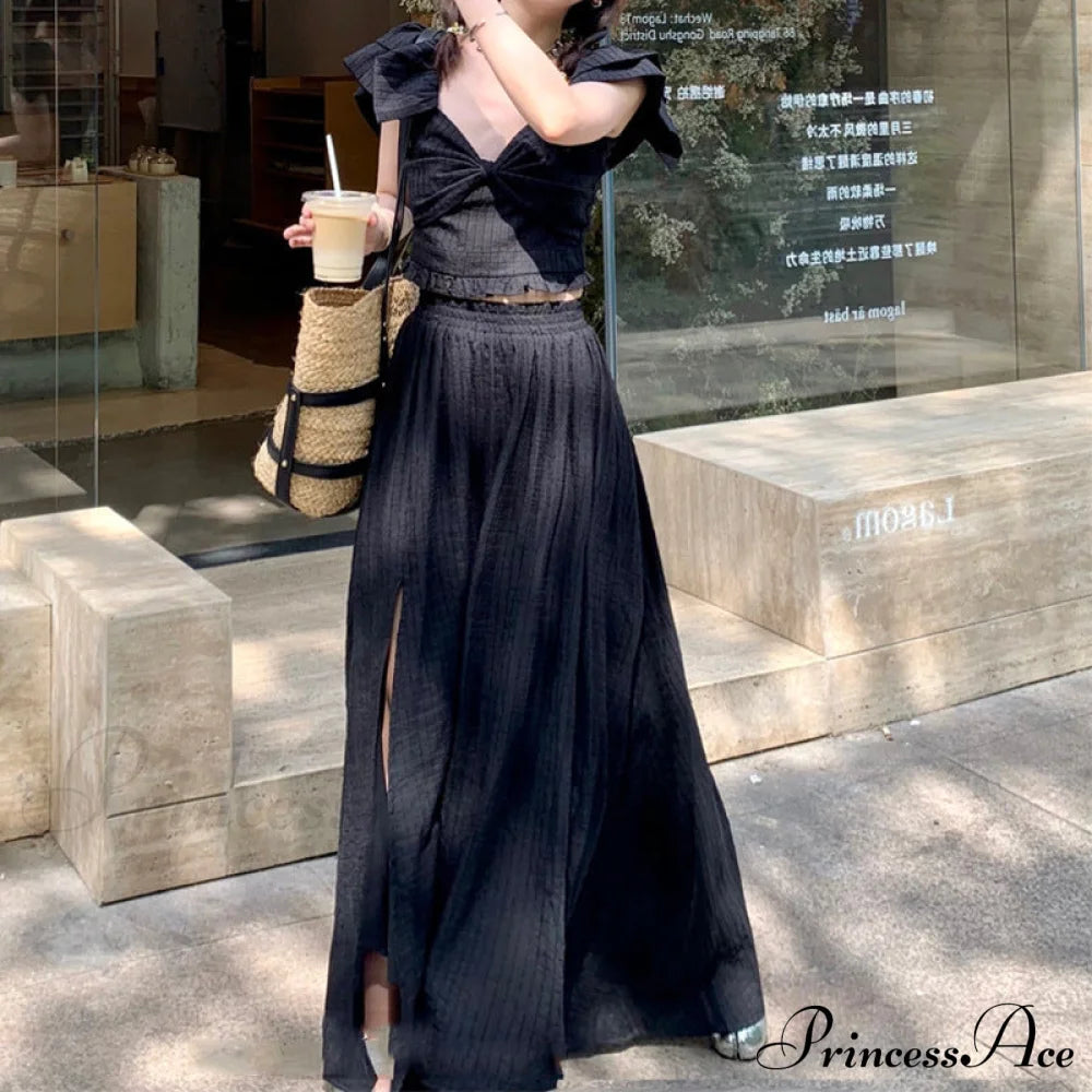 French Retro Twopiece Dress With Bow M / Black White Slit Maxi Dress