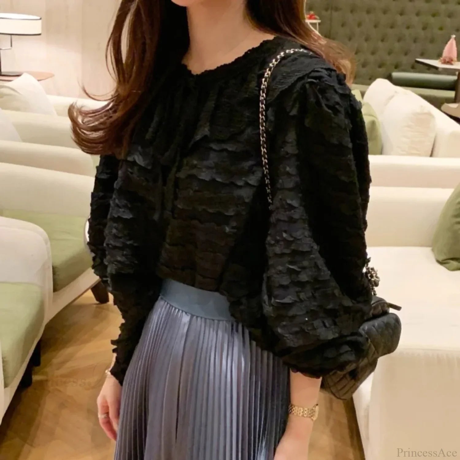 French Style Lace Up Loose Blouse Black / One Size blouse-250223