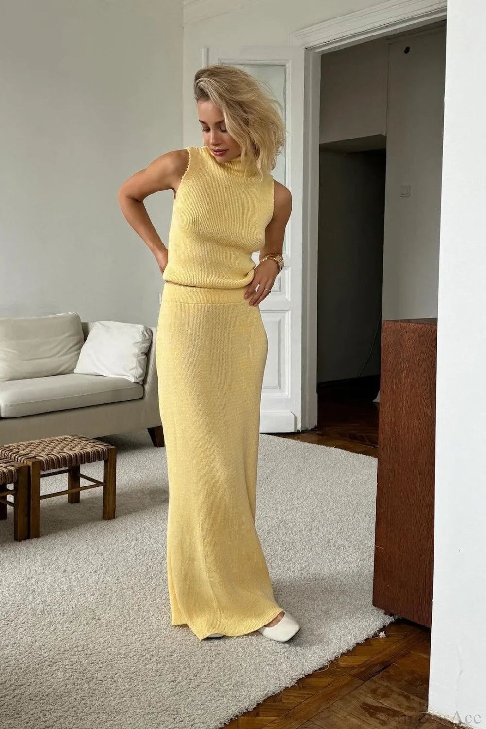 French-Style Sleeveless Turtleneck Cotton Wool Blend Two Piece Set