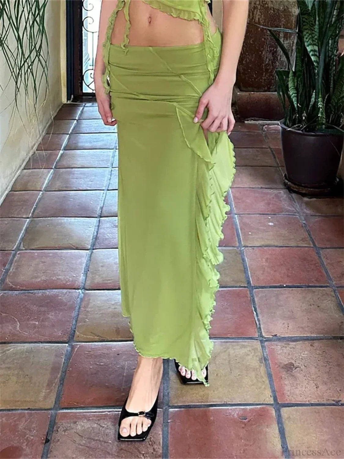 Frill Tulle Floral Low Waist High Split Bohemian Skirt Green / S skirt-250126
