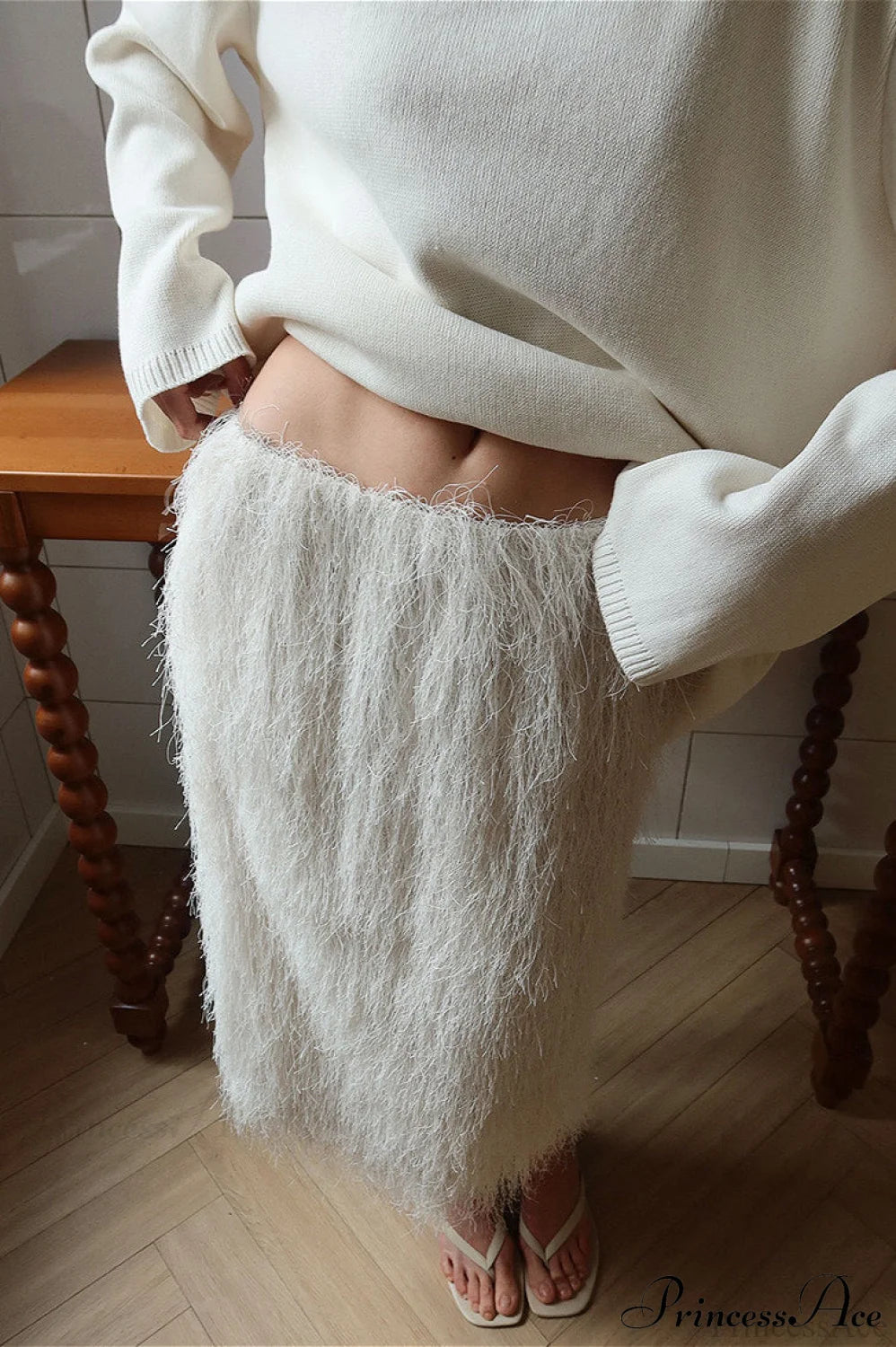 Fringe High Waist A-Line Midi Skirt