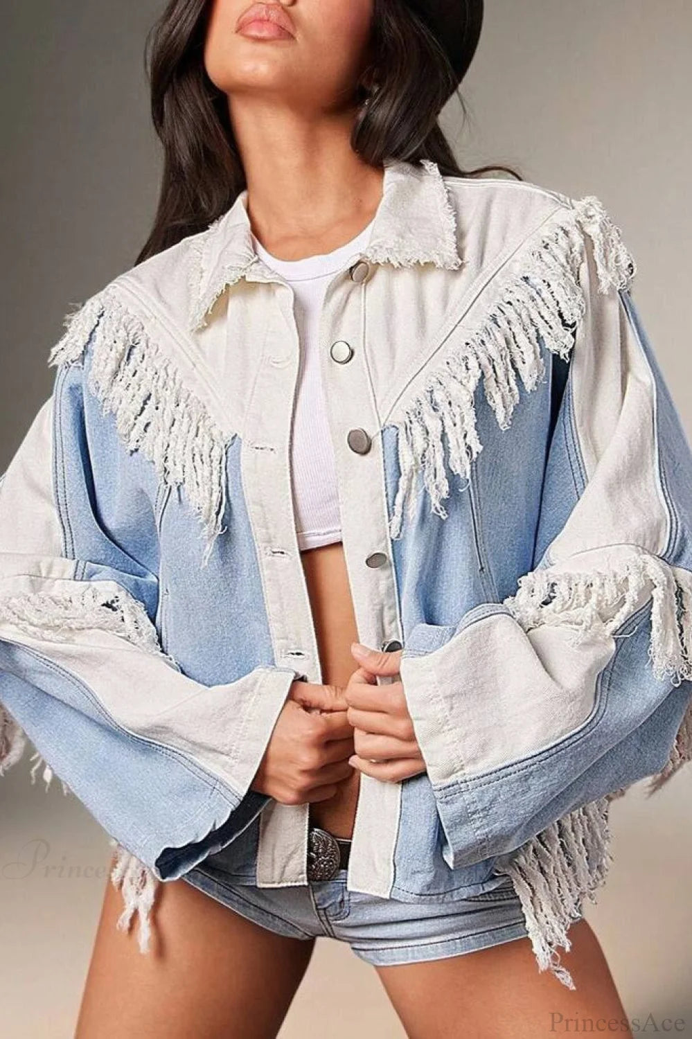 Fringe Paneled Denim Chic Jacket Light blue / S