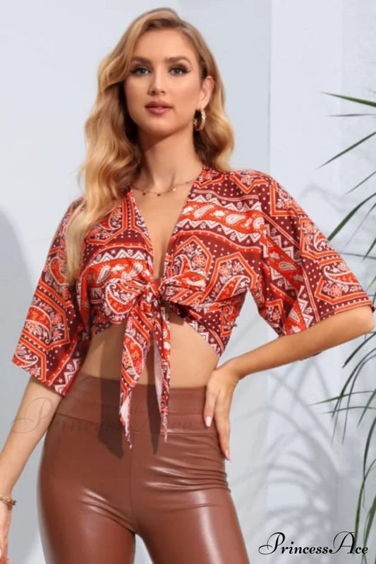 Front Tie Blouse Cropped Dolman With Arm Print
