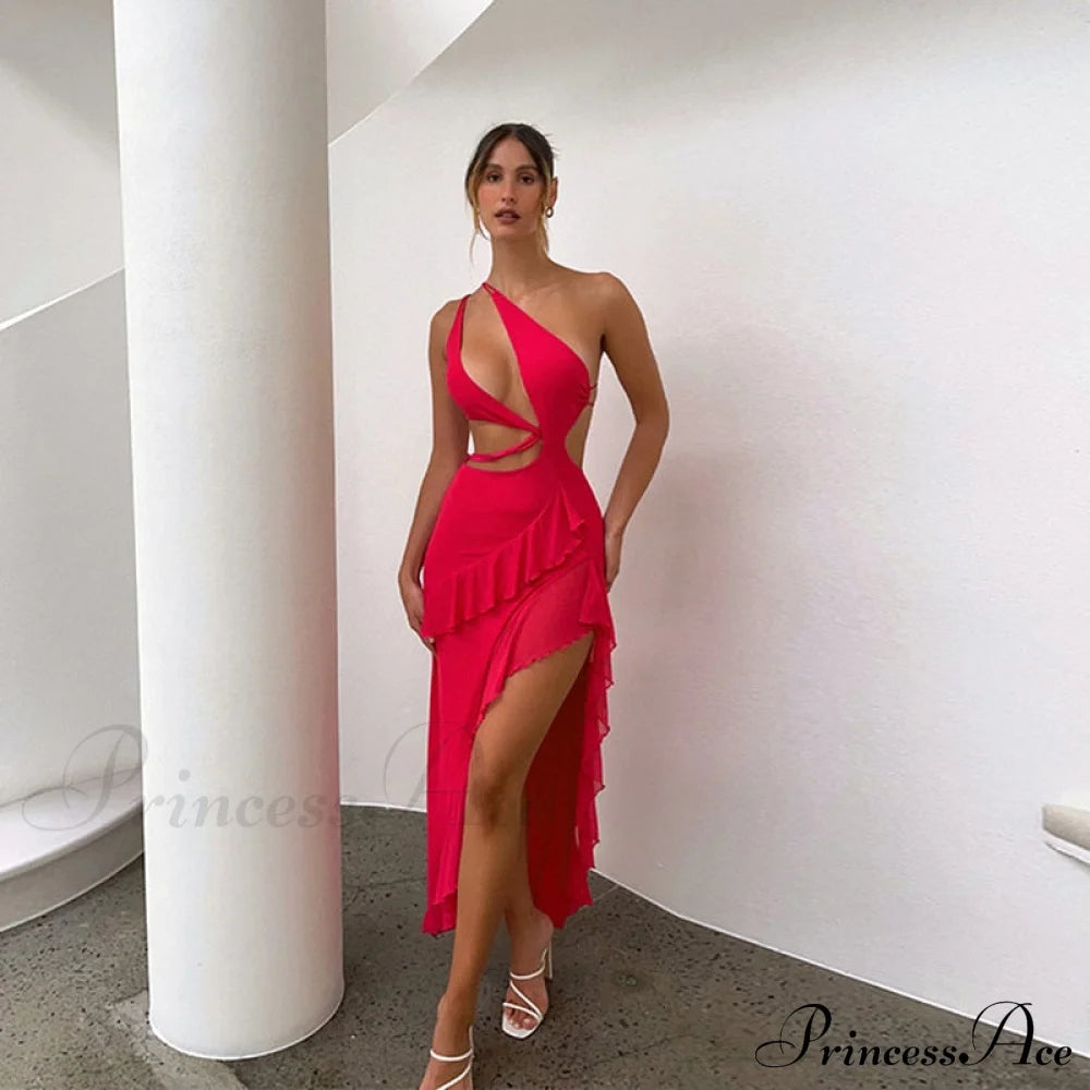 Full-Length Split Elegant And Birthday Cut Back Out Gown With Ruffles Red / S