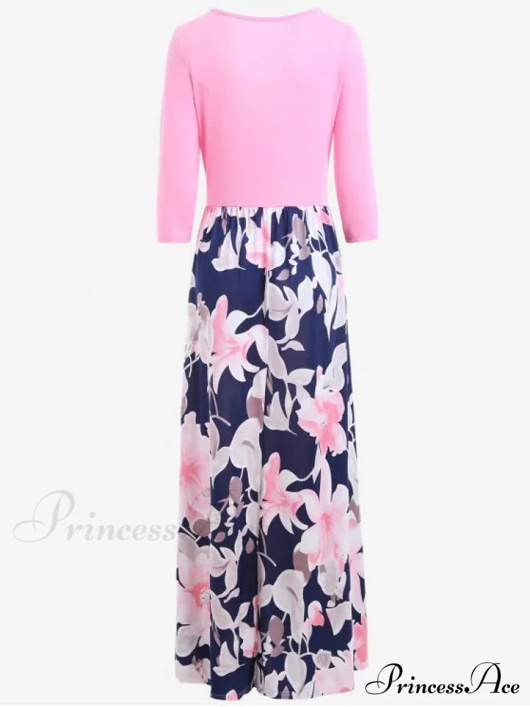 Full-Length With Design Flowered Gown U Neck L / Sky Blue Clothing