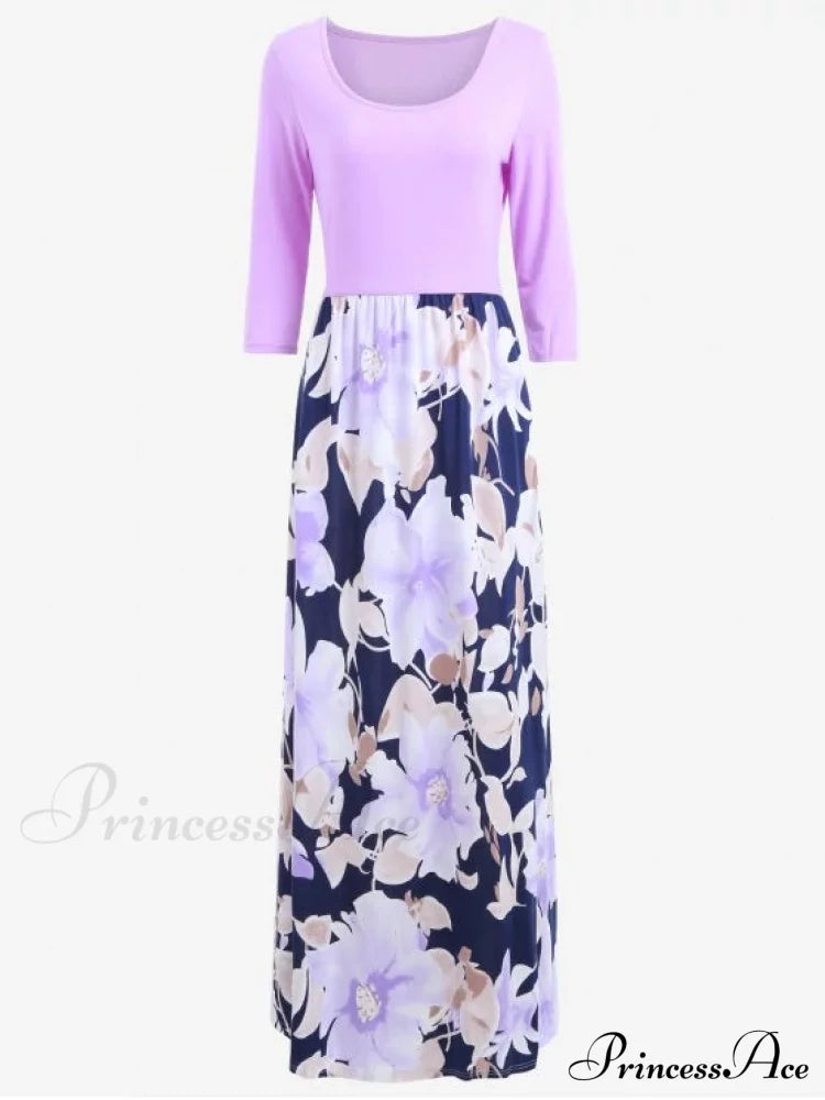 Full-Length With Design Flowered Gown U Neck M / Pink Clothing