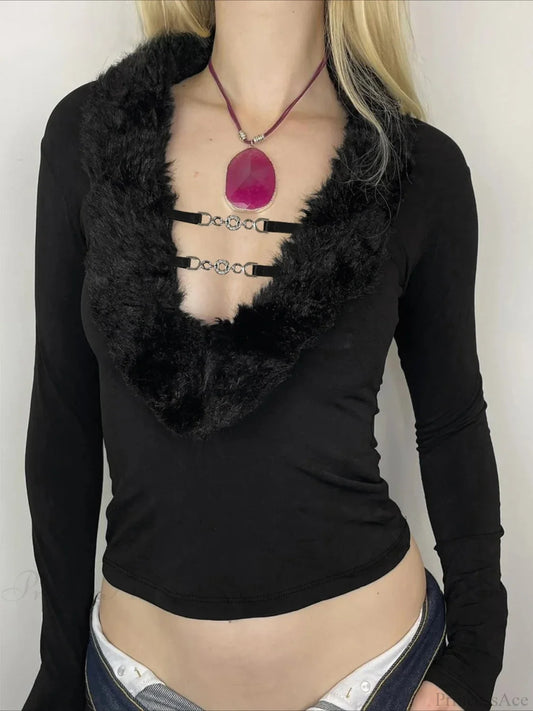 Fur Trim Slim Deep V-Neck Knitted Long Sleeve Knit Top Black / S knittop-250126
