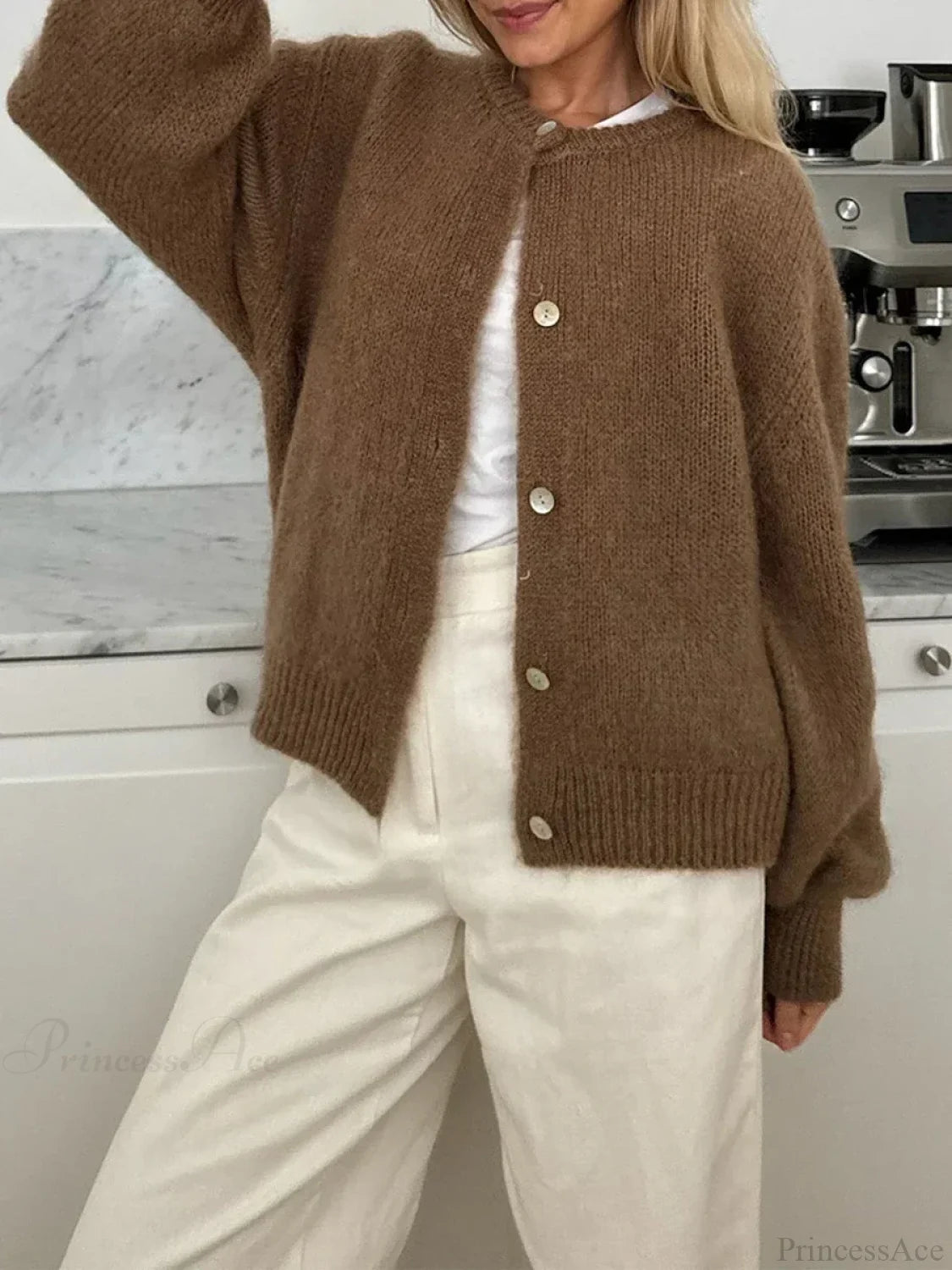 Fuzzy Button-Down Long Sleeve Knit Cardigan brown / S