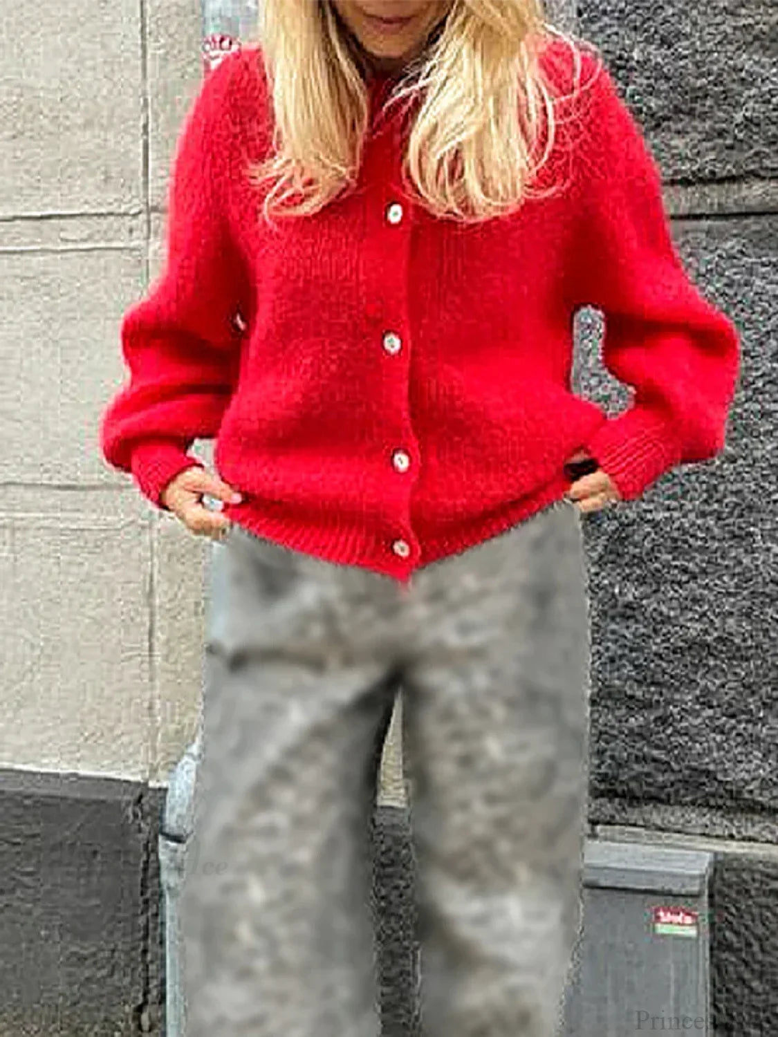 Fuzzy Button-Down Long Sleeve Knit Cardigan red / S