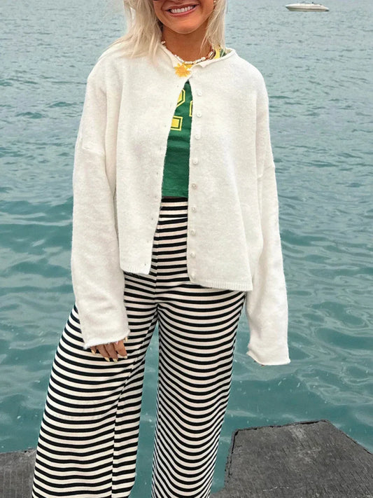 Fuzzy Button-Front Long Sleeve Knit Cardigan White / S