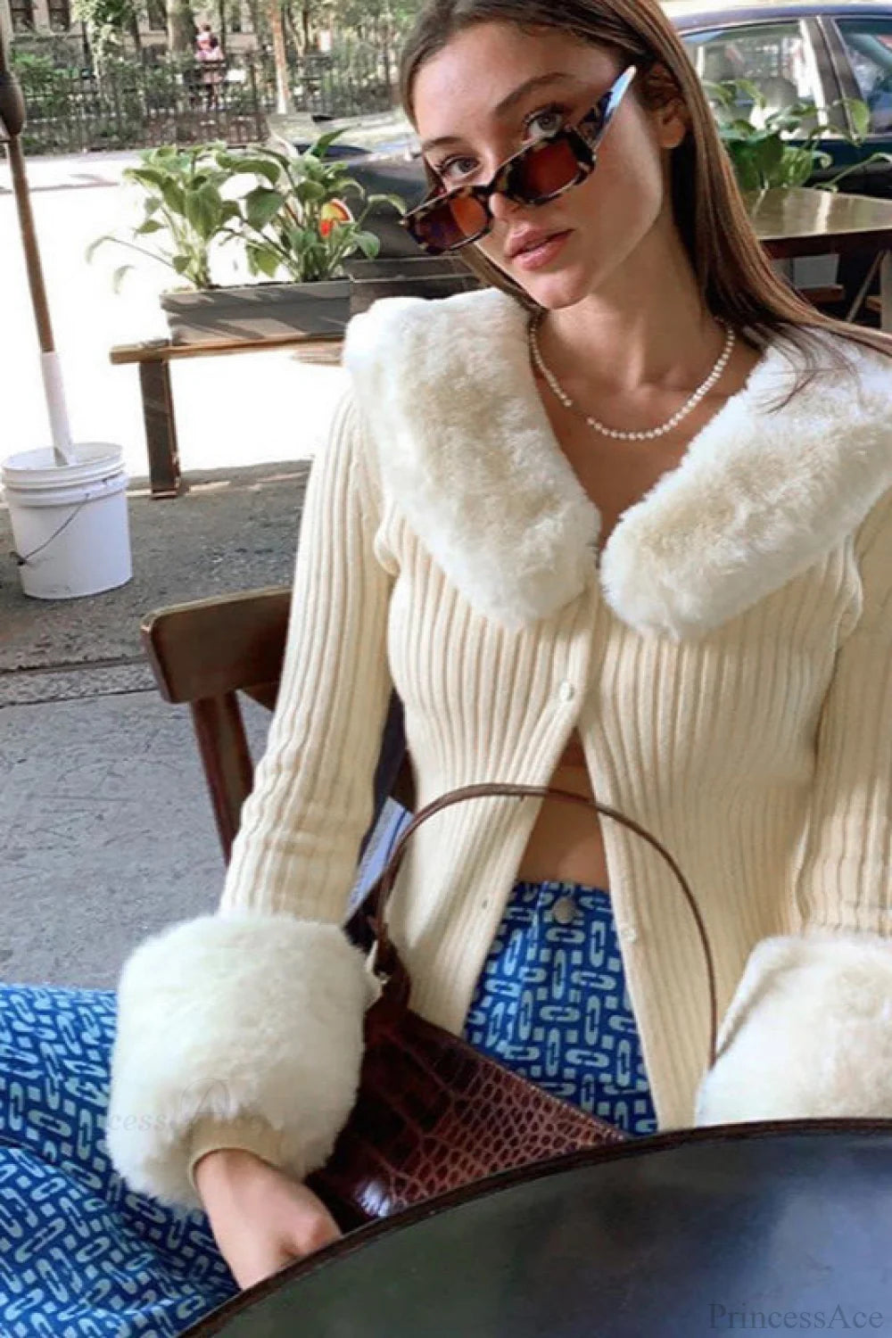 Fuzzy Collar Knit Long Sleeve Cardigan Apricot / One Size