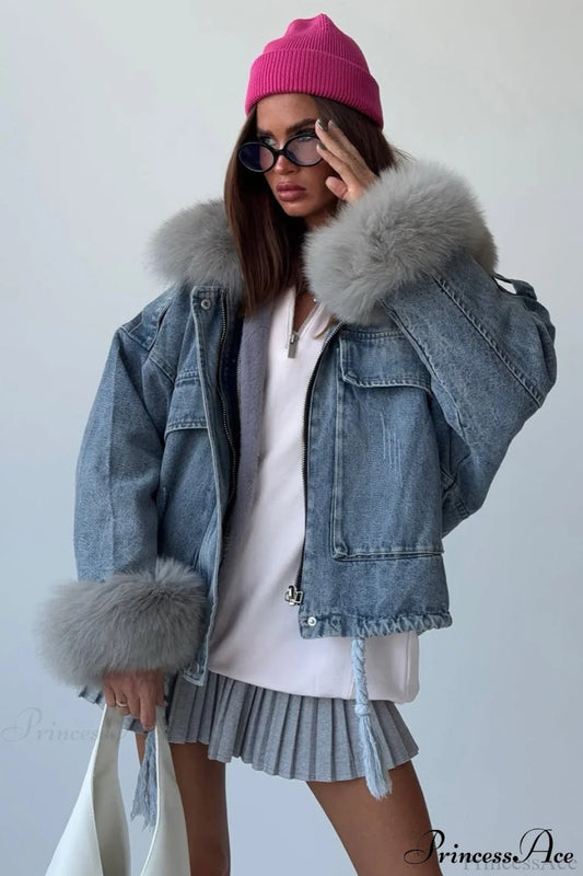 Fuzzy Trim Denim Retro Loose Versatile Coat Blue / S