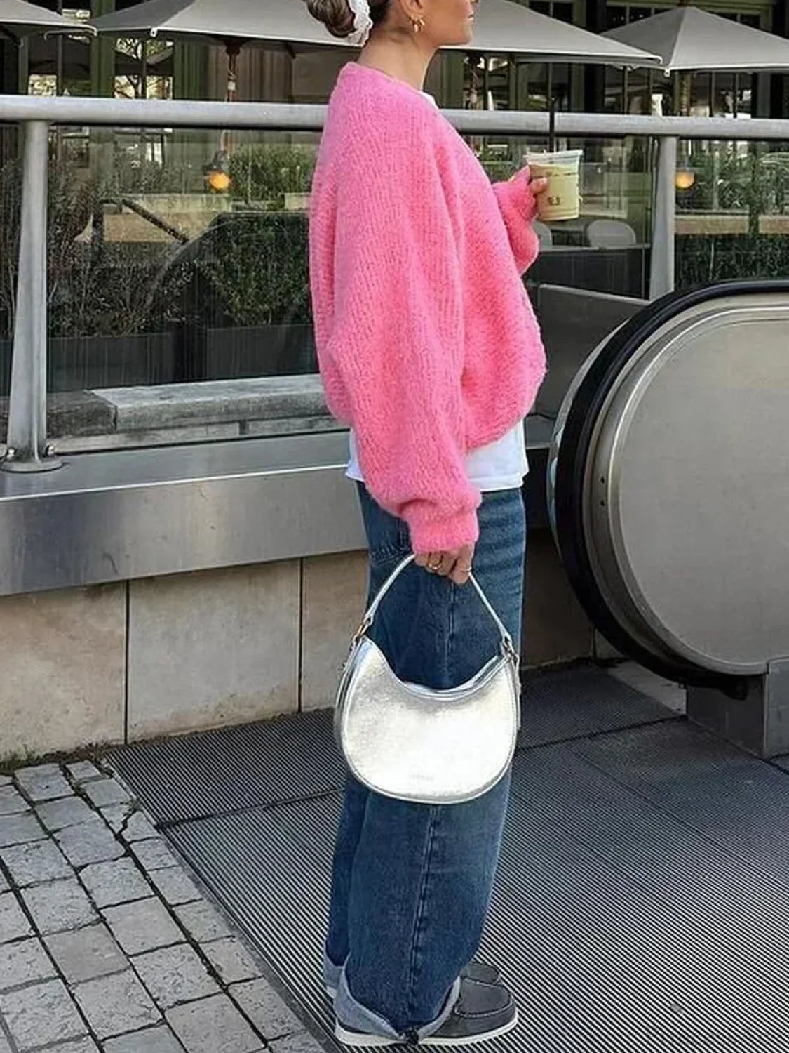 Fuzzy V-neck Button-front Cardigan