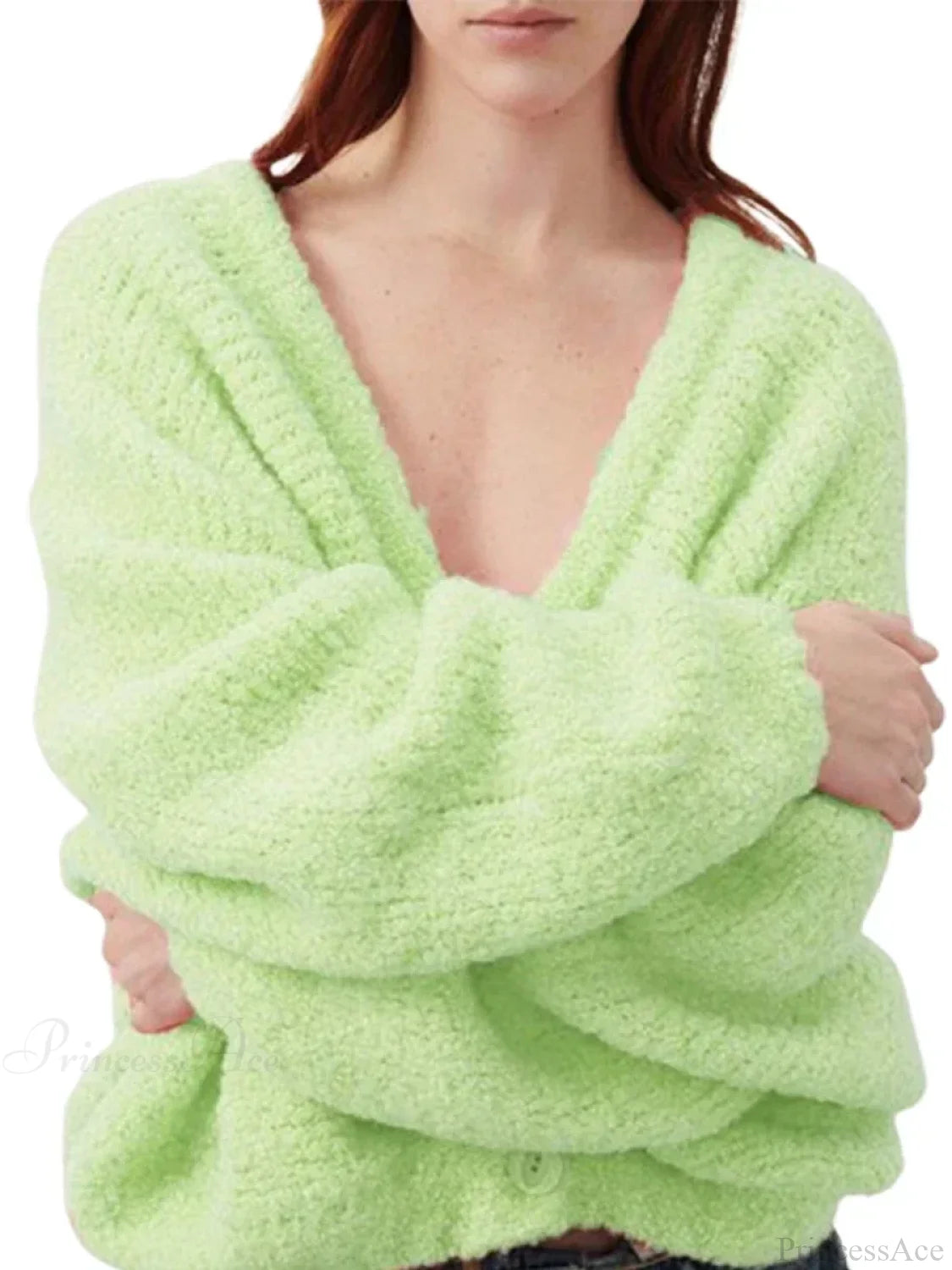 Fuzzy V-neck Button-front Cardigan Green / S