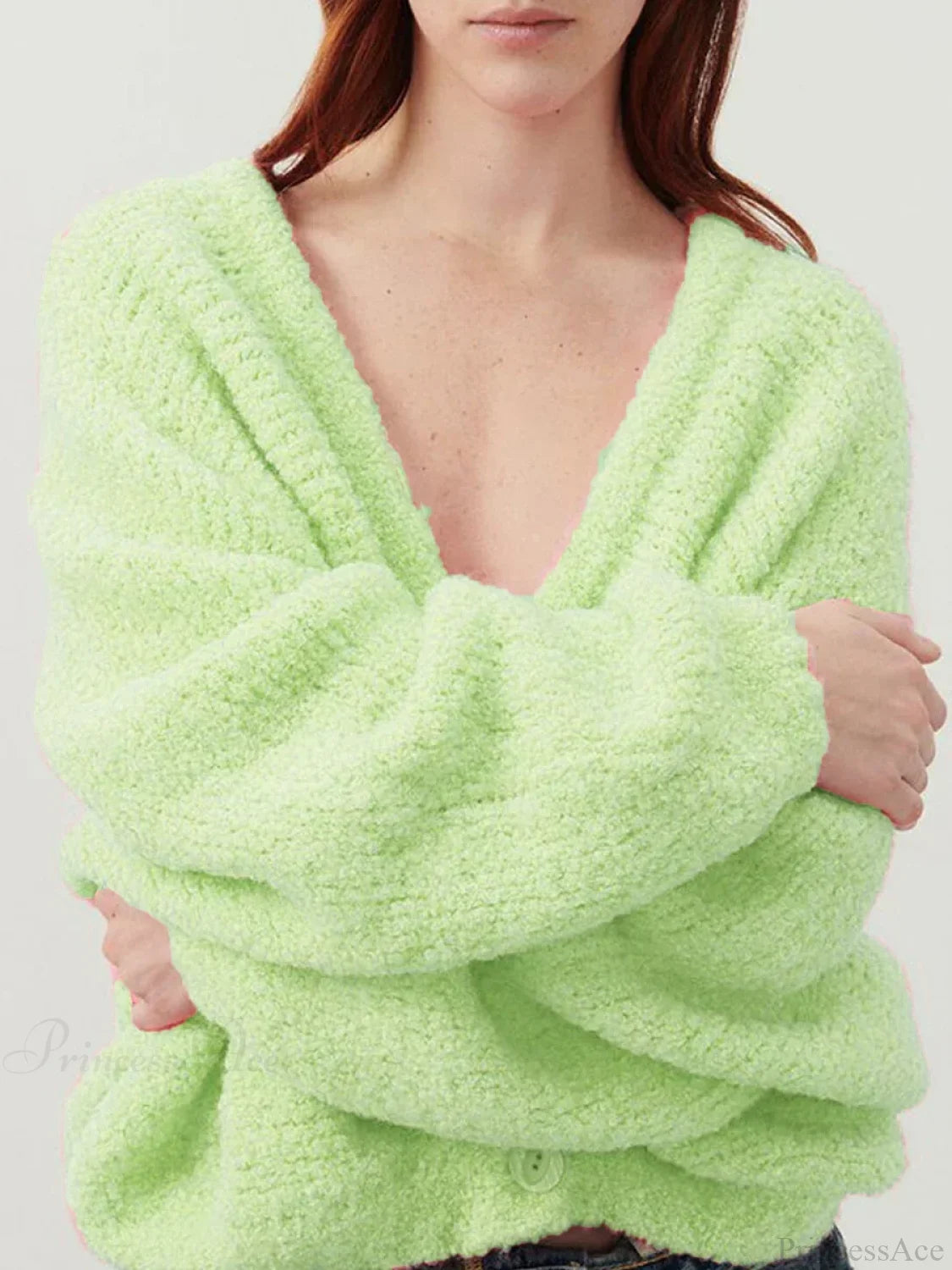 Fuzzy V-Neck Button-Front Knit Cardigan ligt green / S