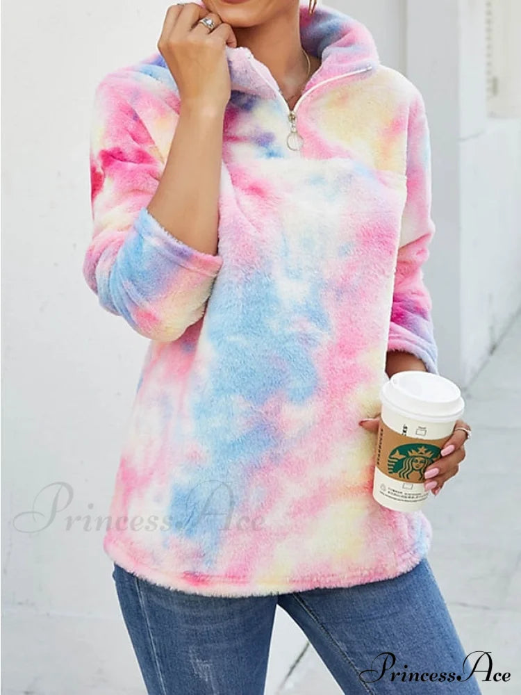 Fuzzy Women’s Arm Yellow Casual Long Pullover Tie Pink Neck V Dye - Fleece Sweatshirt Teddy Top