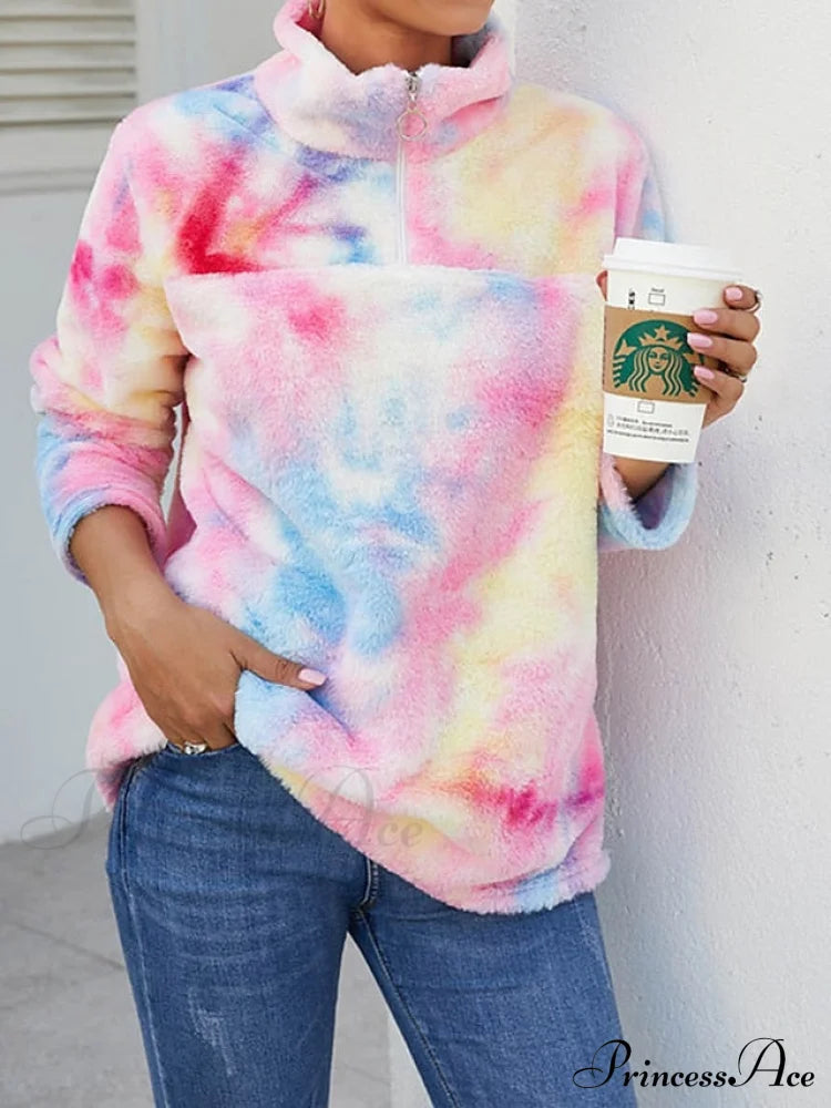 Fuzzy Women’s Arm Yellow Casual Long Pullover Tie Pink Neck V Dye - Fleece Sweatshirt Teddy Top