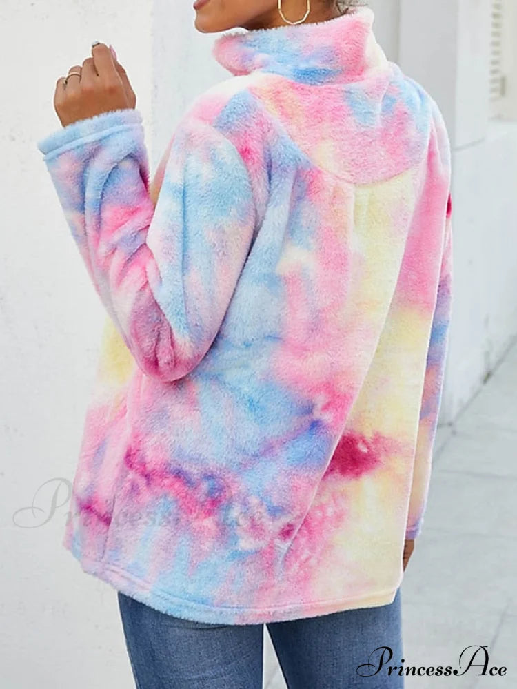 Fuzzy Women’s Arm Yellow Casual Long Pullover Tie Pink Neck V Dye - Fleece Sweatshirt Teddy Top