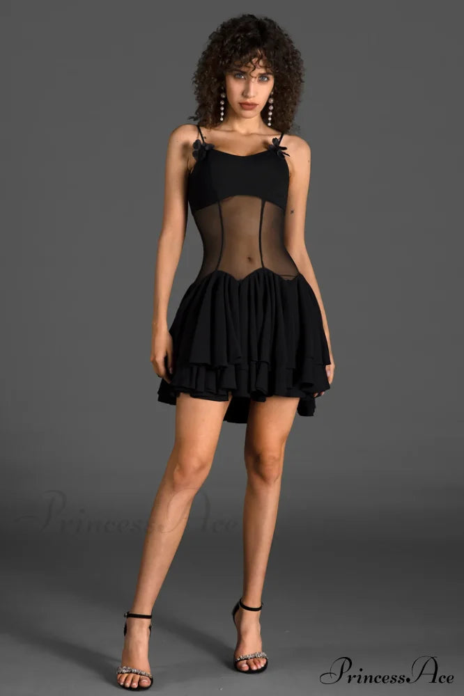 Ganili Spaghetti Sheer Charming Ruffle Mini Dress