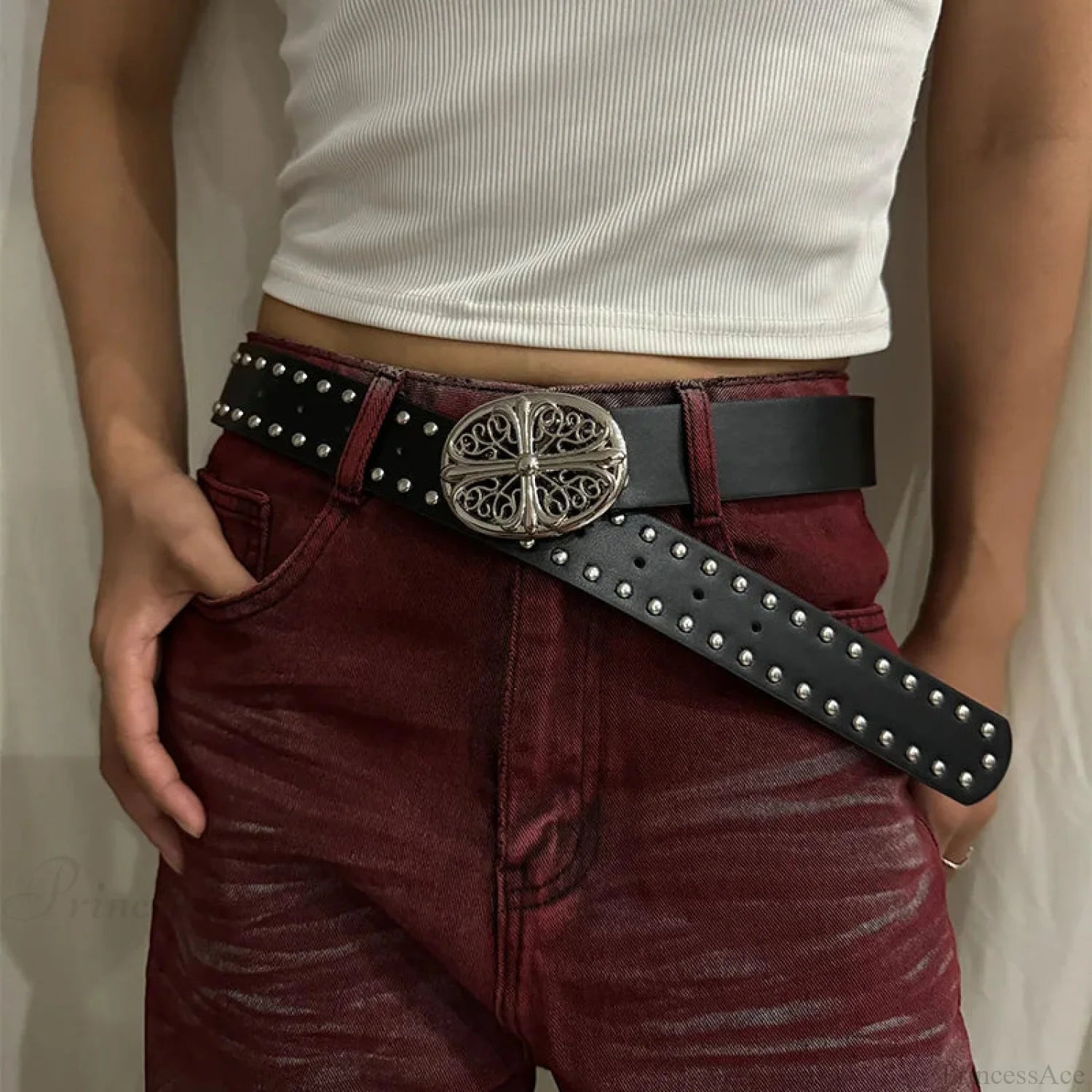 Genderless Gothic Cross Rivet Belt Black Bucket Rivet / 106cm