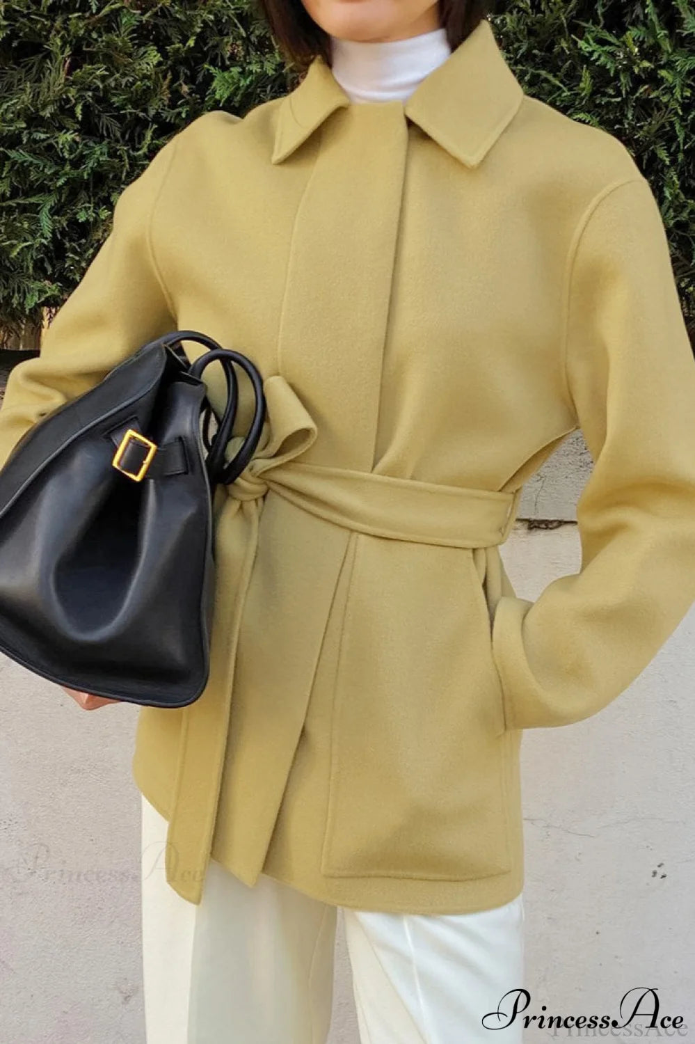 Gentle Sweet Tie Wool Mid-Length Pocket Coat Yellow / S