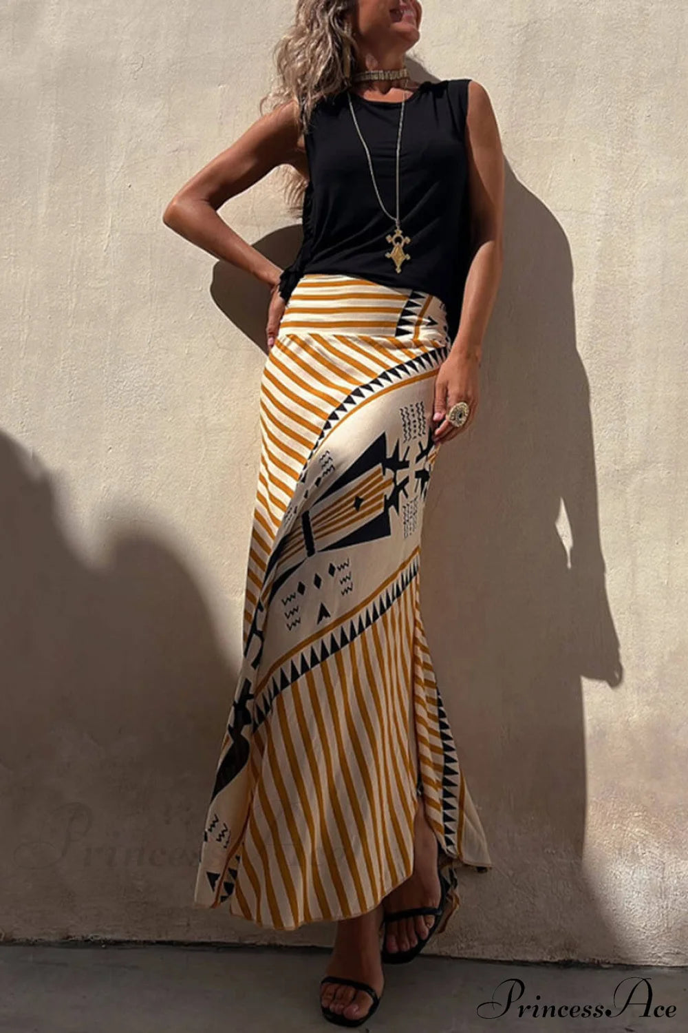 Geometric Print Elastic Charming Waist Maxi Skirt Dresses