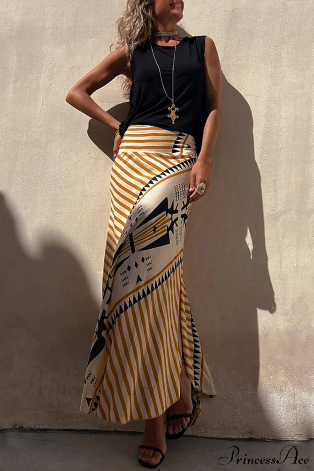 Geometric Print Elastic Charming Waist Maxi Skirt Dresses