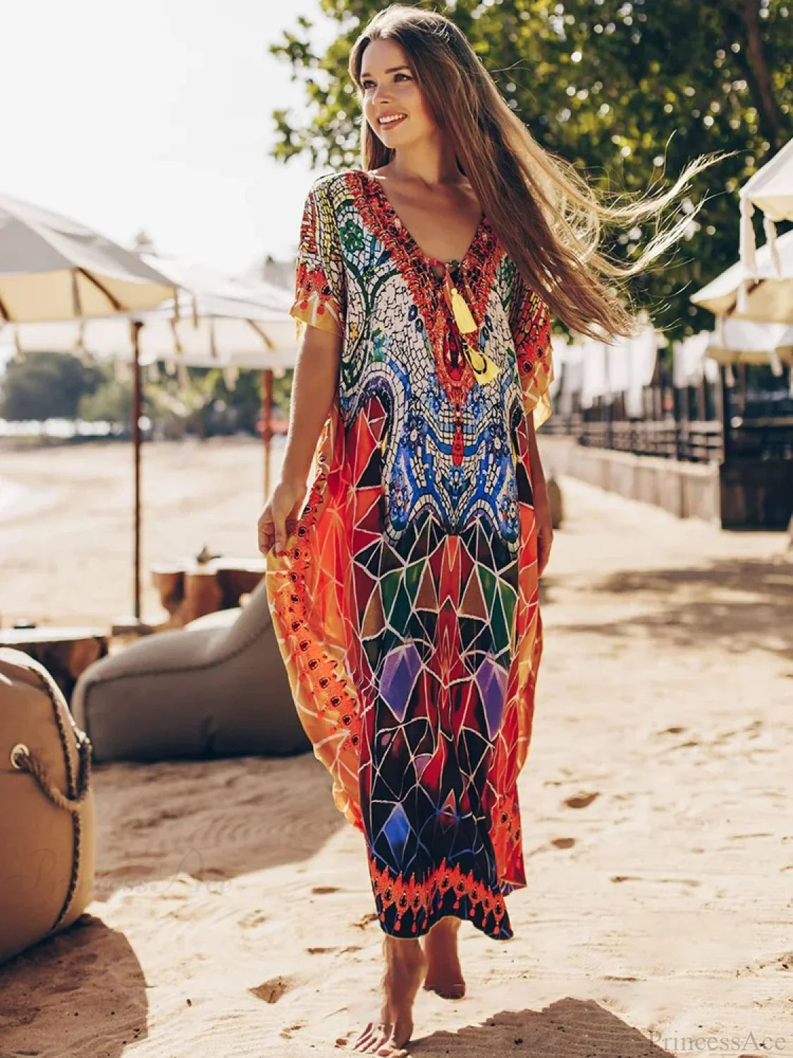 Geometric Printed Lace Up V-Neck Cover Up color / One Size