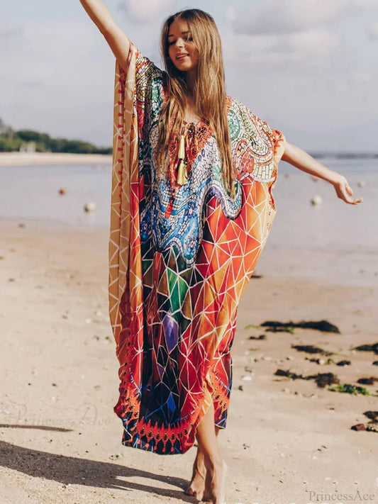 Geometric Printed Lace Up V-Neck Cover Up color / One Size
