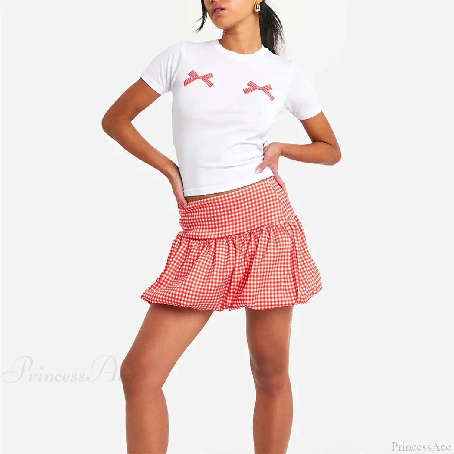 Gingham Bubble Plaid Style Skirt Red / S skirts-250223